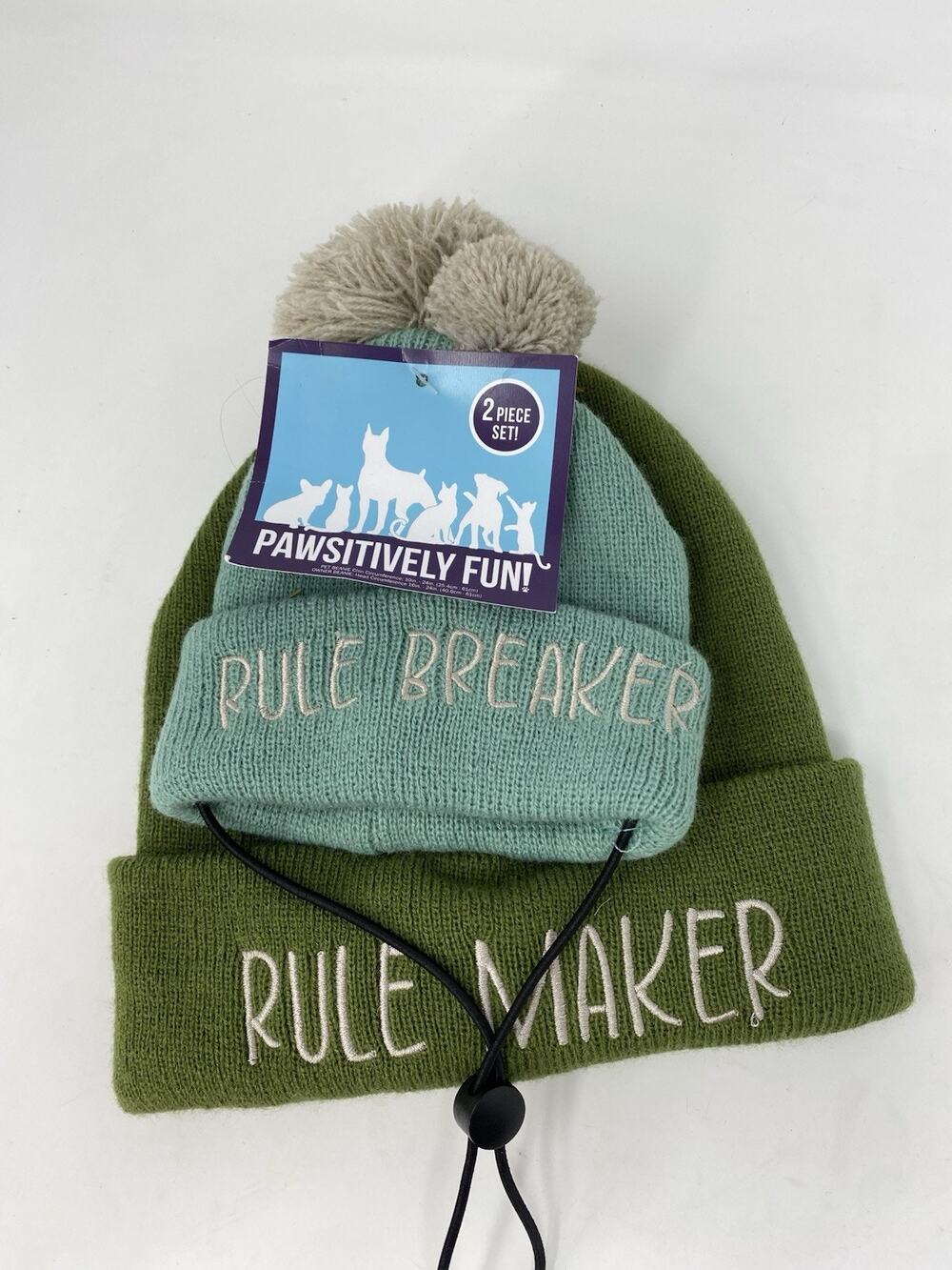 Pawsitively Fun Owner and Pet Beanie Hats Rule Maker Breaker Green Pom Pom NWT